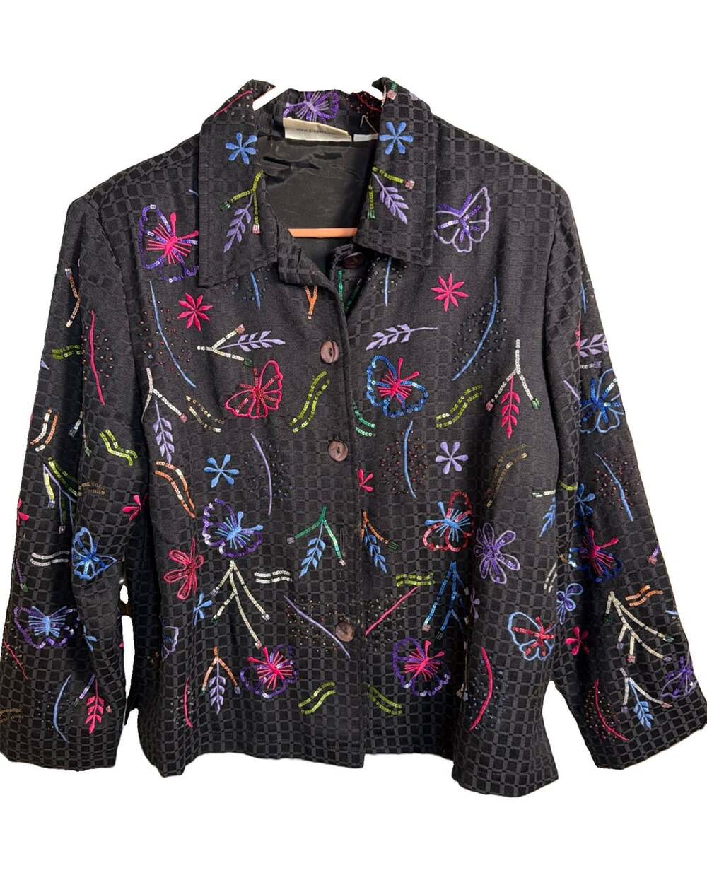 Vntg Draper’s&Damon’s Black Sequin Embellished Butterflies Jacket Bust 44”/L24”